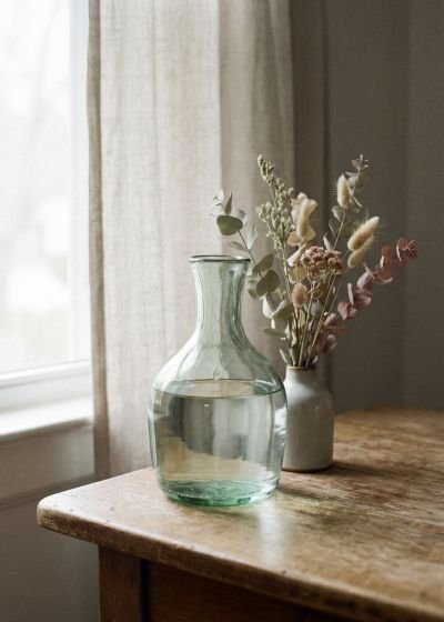 A glass carafe and a small ceramic vase of dried flowers resting on a rustic wooden table beside a linen-curtained window, warm and unhurried