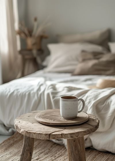Calm, neutral-toned bedroom with soft linen bedding and a ceramic mug on a rustic wooden stool beside the bed