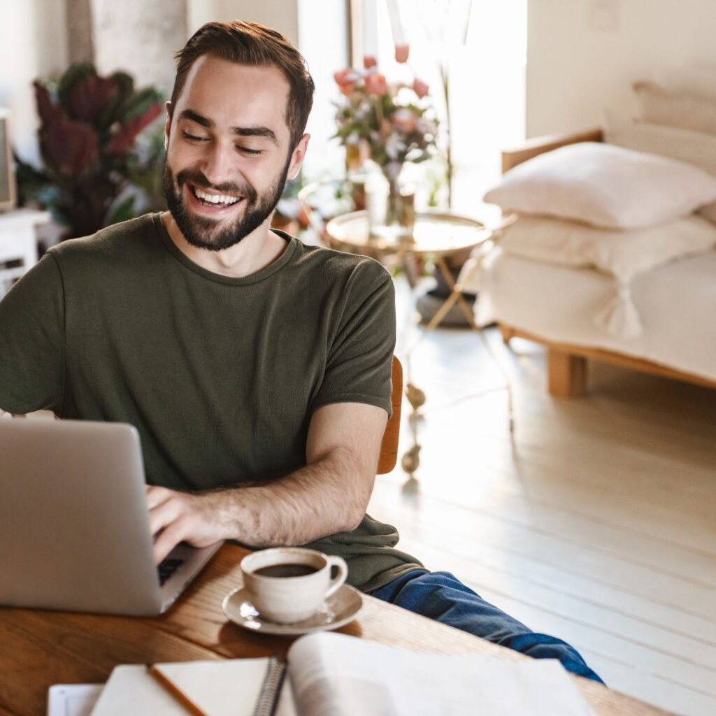 Man smiling and looking at ease, representing the confidence and relief that comes from having a clear plan and consistent support in therapy