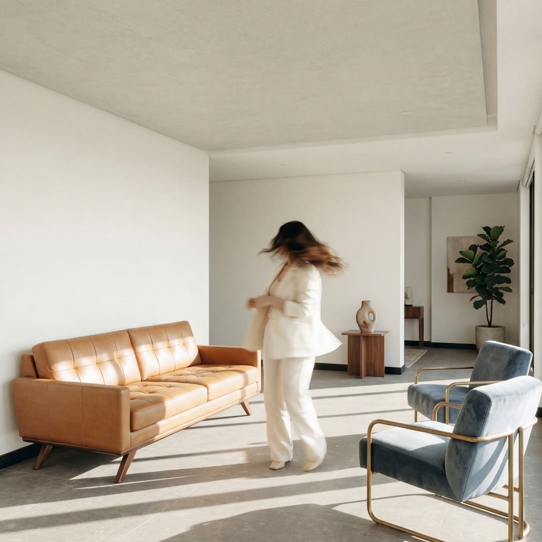 Woman in a light-filled, contemporary room with a leather armchair, representing the supportive and modern environment of therapy sessions in Warwickshire