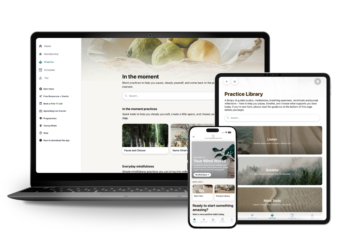 Your Mind Works personal development membership shown on a laptop, tablet and phone.