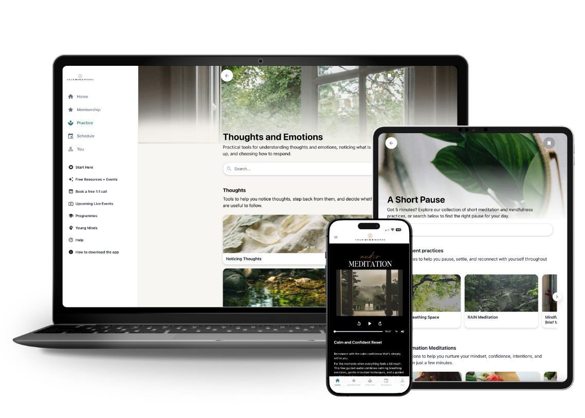 Your Mind Works personal development membership shown on a laptop, tablet and phone.
