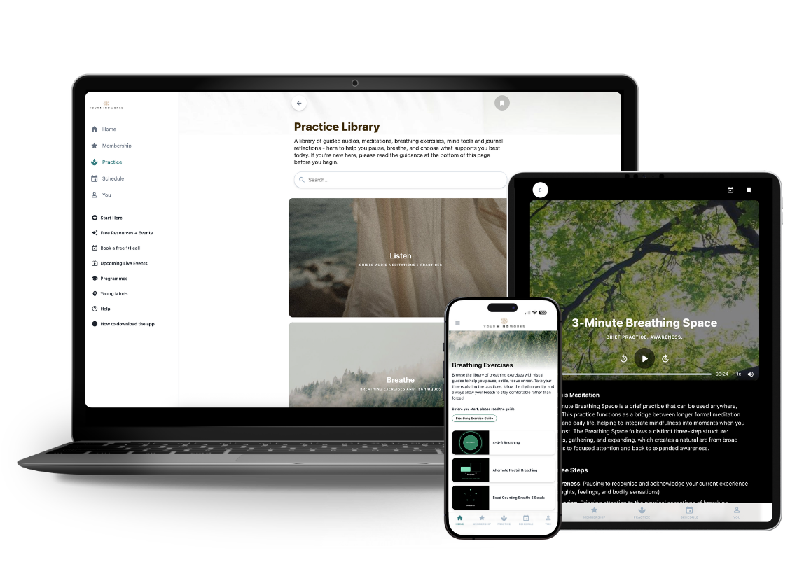 Your Mind Works personal development membership shown on a laptop, tablet and phone.
